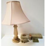 SELECTION OF CARVED GREEN ONYX including a table lamp and shade, 64cm high, cigarette box, two