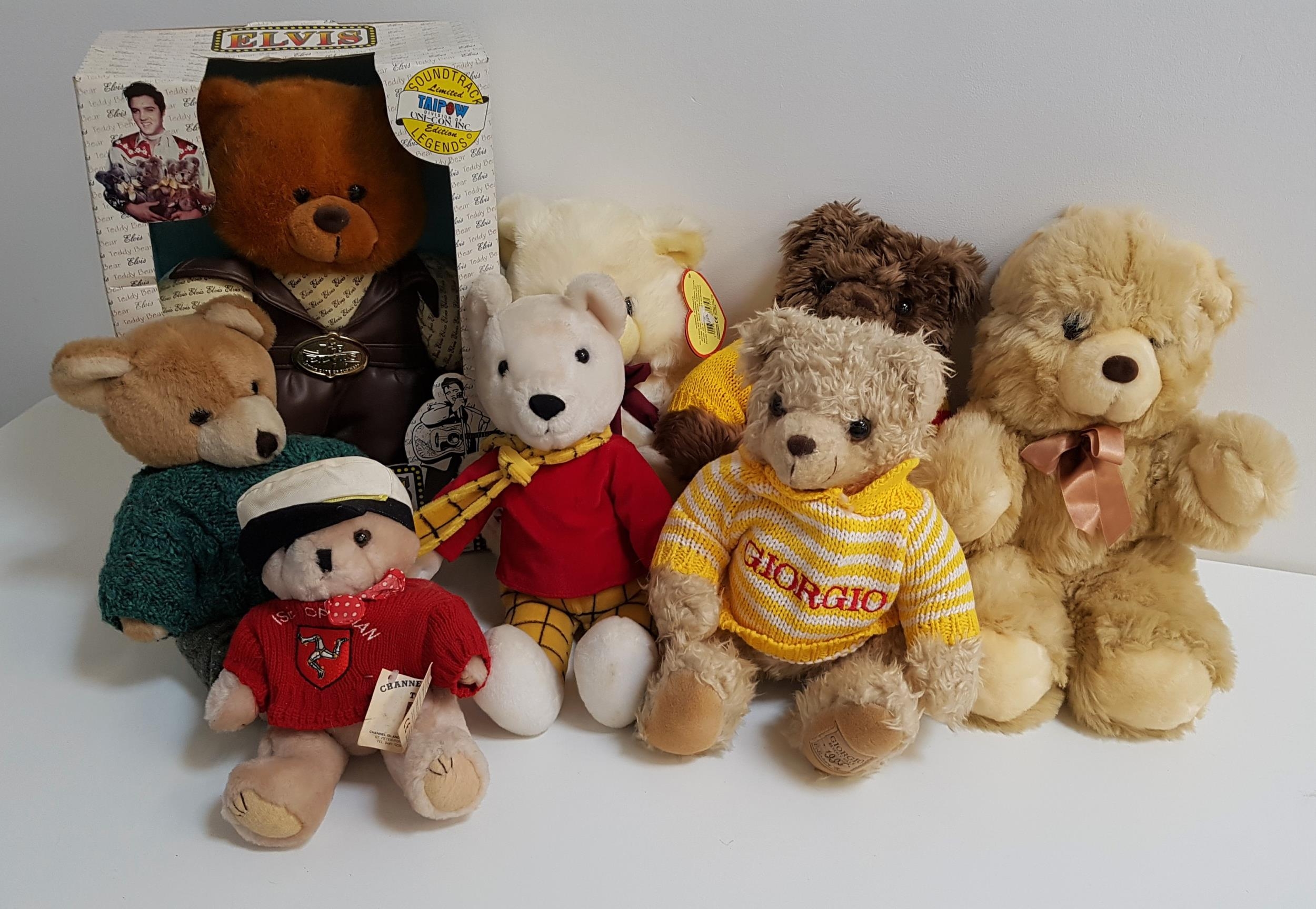 EIGHT VARIOUS TEDDY BEARS including Elvis Sings Bear, boxed, Isle Of Man bear, Hug Me bear, two