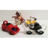 FOUR NOVELTY TEAPOTS depicting a Porche, a vintage car, a motorcycle and Knight of the Realm on