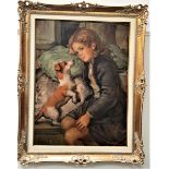 GIUSEPPE MERIGHI Girl with a dog, oil on canvas, signed, 78.5cm x 58.5cm, in ornate gilt frame