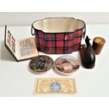 MIXED LOT OF COLLECTABLES including a shaped Tartan ware metal planter, a Bank Of Scotland £1 note