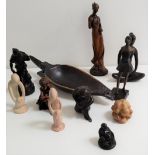 SELECTION OF FIGURINES including a resin seated girl, 13.5cm high, two stone figures, 16cm high,