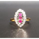 ART DECO STYLE RUBY AND DIAMOND PLAQUE RING the central three rubies in vertical setting totalling
