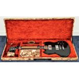 ELECTRIC GUITAR with a black gloss body and four dials, in a fitted hard shell case