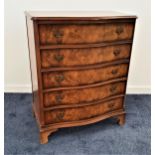 BURR WALNUT SERPENTINE CHEST with a moulded top above five drawers, standing on bracket feet, 99.5cm
