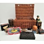 MIXED LOT OF COLLECTABLES including a wicker picnic basket, specimen wood book holder, West German