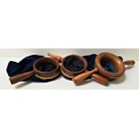 THREE ECCLESIATICAL OFFERTORY MONEY POUCHES with circular oak collars and handles with blue velvet