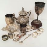 SELECTION OF SILVER PLATED ITEMS including a tankard, an embossed sommelier's cup, an Indian tea