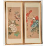 PAIR OF CHINESE WATERCOLOURS on silk panels depicting birds, 38cm x 15cm (2)