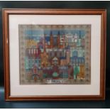 ST. ANDREWS NEEDLEWORK PICTURE depicting the sights of the historic town, framed and glazed, 36cm