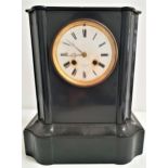 19th CENTURY BLACK SLATE MANTLE CLOCK with a circular enamel dial with Roman numerals and an eight