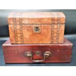 EDWARDIAN BURR WALNUT AND INLAID TEA CADDY with a domed lift up lid revealing two lidded