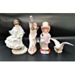 FOUR FIGURINES comprising a Lladro goose, 16cm long, a Nao young girl in her night dress with her