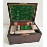 19th CENTURY ROSEWOOD AND BRASS INLAID WORKBOX the fitted interior with glass bottles and glass