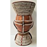 SOMALI WEDDING BASKET formed from woven straw in two conical sections covered in leather and