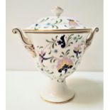 COALPORT URN AND COVER with twin scroll handles, decorated in the Pageant pattern, 18cm high