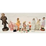 SELECTION OF FIGURINES including a Dresden female dancer, bisque porcelain child painter, Romanian