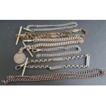 SELECTION OF ALBERT CHAINS comprising two silver plated examples with T-bars, one with coin fob