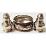 GEORGE VI SILVER SALT of circular form, Birmingham 1939, together with a silver salt and pepper,