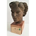 A.R.CAMERON plaster study of a ladies head with a bronze effect finish, raised on an oak plinth,