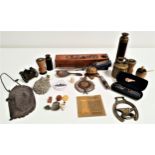 MIXED LOT OF COLLECTABLES including an embossed brass walnut, ladies metal link evening purse, brass