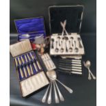 SELECTION OF SILVER PLATE including a cased dessert set of a serving spoon and six forks and spoons,