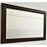 MAHOGANY WALL MIRROR with a rectangular bevelled plate, 71cm x 101cm