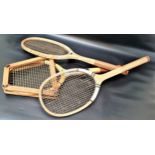 THREE VINTAGE WOODEN TENNIS RACKETS a Hexagon Champion, a Spalding Claremont and a Wilson