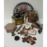 MIXED LOT OF COLLECTABLES including two Sharps metal toffee tins, selection of coins, two resin