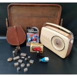 MIXED LOT OF COLLECTABLES including a large oak tray, vintage Bush radio, leather horse shoe