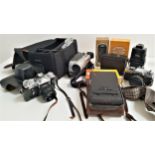 SELECTION OF CAMERAS AND CAMERA EQUIPMENT including a Cannon 8mm camcorder and case, Zenit E 35mm