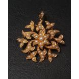 EDWARDIAN SEED PEARL SET BROOCH/PENDANT in fifteen carat gold, 3.6cm wide