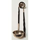 TWO GEORGIAN SILVER TODDY LADLES each with a cauldron shaped bowl centred with a flattened coin,