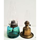 VINTAGE GLASS OIL LAMP the blue ribbed glass reservoir with handle and a clear glass stack, 30.5cm