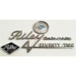 VINTAGE ENAMEL RILEY CAR BADGE of lozenge shape, 8cm wide, Riley plastic steering wheel insert,