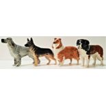 FOUR BESWICK DOGS comprising a German Shepherd, 14cm high, Rough Coat Collie, 14.5cm high, English