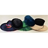 FIVE VINTAGE LADIES HATS comprising a black and cream wide brimmed hat by Jaeger; another with