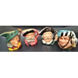 FOUR ROYAL DOULTON CHARACTER JUGS Sancho Panca D6461, Pied Piper D6462, The Falconer D6540 and