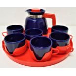 RETRO 1980s COFFEE SET the six blue ceramic cups in red plastic holders, the blue coffee pot with