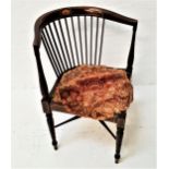 EDWARDIAN MAHOGANY CORNER CHAIR the shaped inlaid top rail with turned and inlaid spindles below,