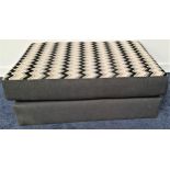 RECTANGULAR FOOTSTOOL with a woven grey base and woven grey and geometric pattern covered cushion,