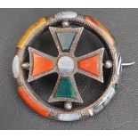 AGATE AND STONE SET UNMARKED SILVER BROOCH the circular brooch with central cross detail, set with