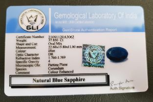 CERTIFIED LOOSE NATURAL BLUE SAPPHIRE the oval mix cut sapphire weighing 37.85cts, with GLI