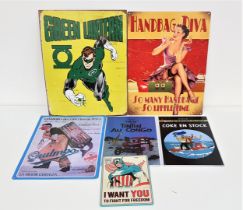 SELECTION OF REPRODUCTION METAL ADVERTISING SIGNS including Marvel Comics, Tintin, Handbag Diva, and