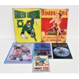 SELECTION OF REPRODUCTION METAL ADVERTISING SIGNS including Marvel Comics, Tintin, Handbag Diva, and