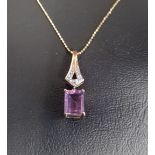 AMETHYST AND DIAMOND PENDANT the rectangular step cut amethyst drop below diamond set pierced mount,