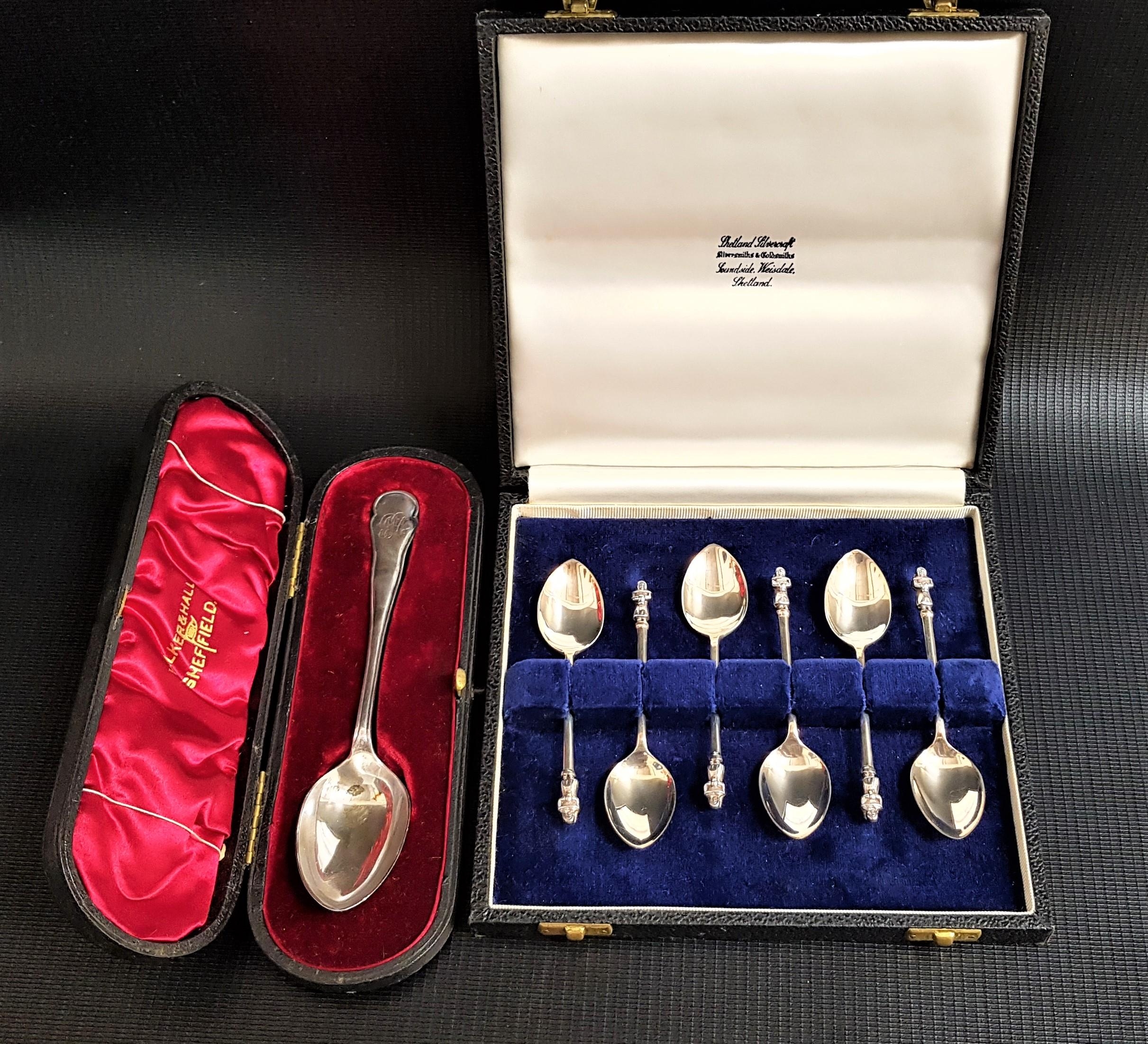 SET OF SIX CASED ELIZABETH II SILVER APOSTLE SPOONS Edinburgh 1961, together with a cased George V