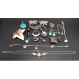 GOOD SELECTION OF SILVER JEWELLERY including a turquoise pendant and earrings, marcasite butterfly