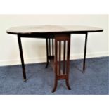 MAHOGANY SUTHERLAND TABLE with shaped drop flaps, standing on shaped supports, 76cm wide