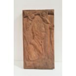 LARGE MAHOGANY CARVED PANEL depicting Robert Burns in profile, a violin and two cherubs, 72cm x 38cm